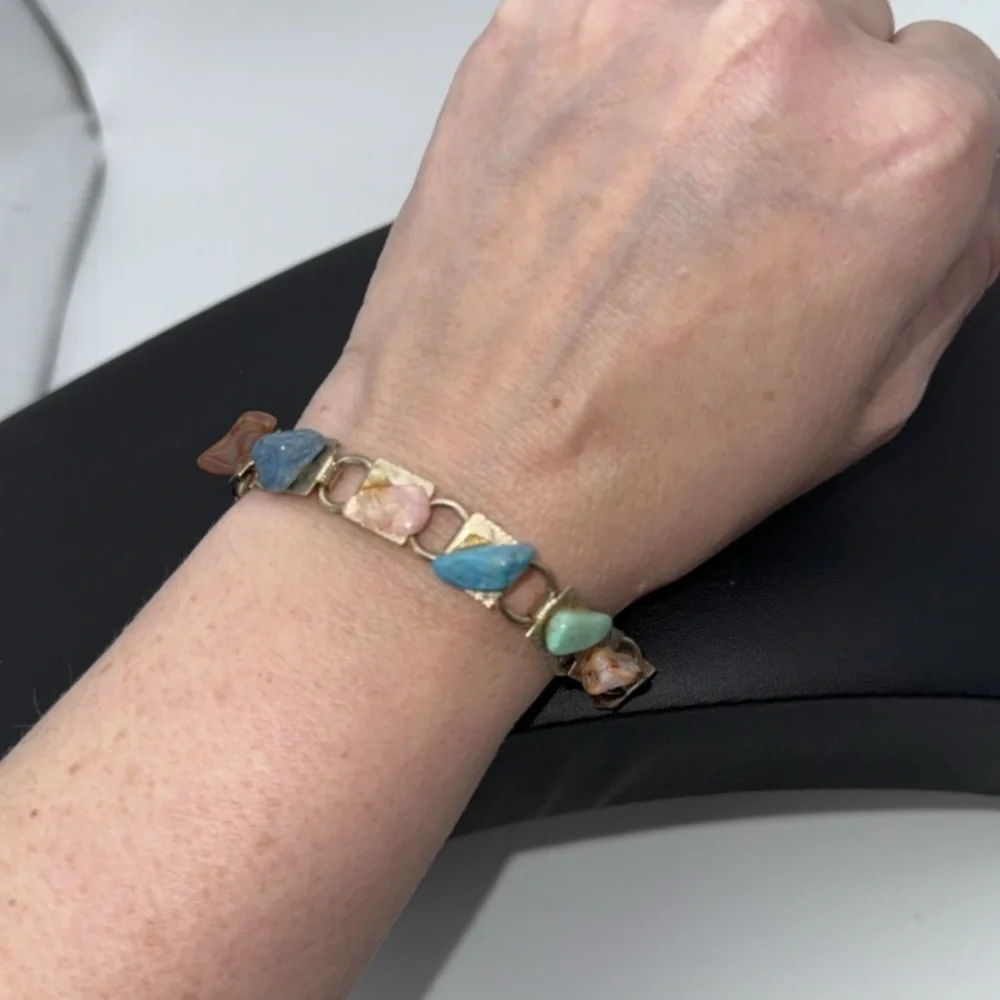 Vintage Gold tone link charm bracelet with various colored “stones” boho hippie
